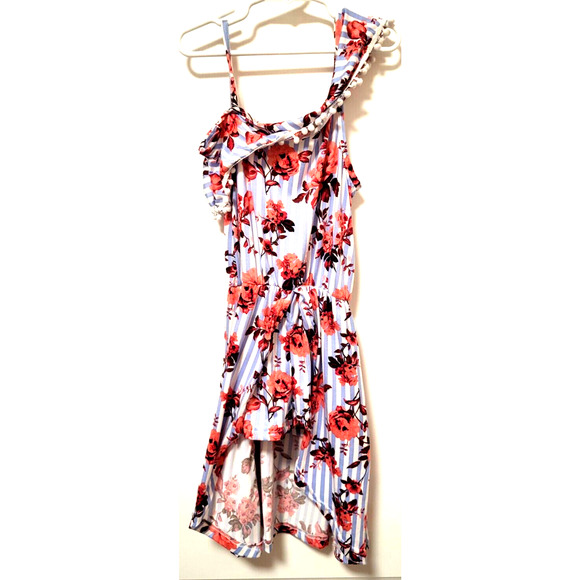 Blue White Striped Floral Assymetrical Off Shoulder HiLo Skirted Romper Size 4T - Picture 1 of 10